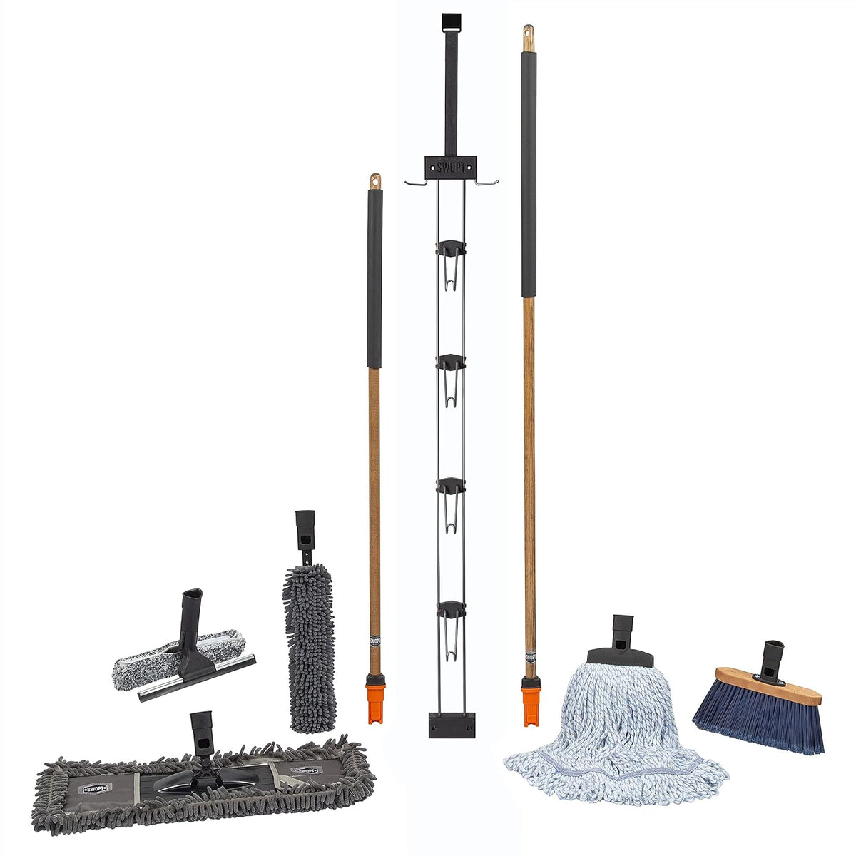 SWOPT 7-Piece Ultimate Indoor Kit — Includes 48” and 60” Wooden Handles, Dust Mop, Cotton Mop, Angle Broom, Flexible Duster, Window Squeegee, and Organizer — Everything You Need to Clean Indoors