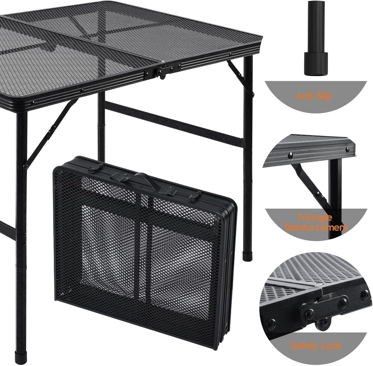 3x2 FT Folding Grill Table, Portable Camping Table for Outside, Adjustable Height Folding Table with Desktop & Mesh Bag, Lightweight Outdoor Table for Camping, Picnic, BBQ