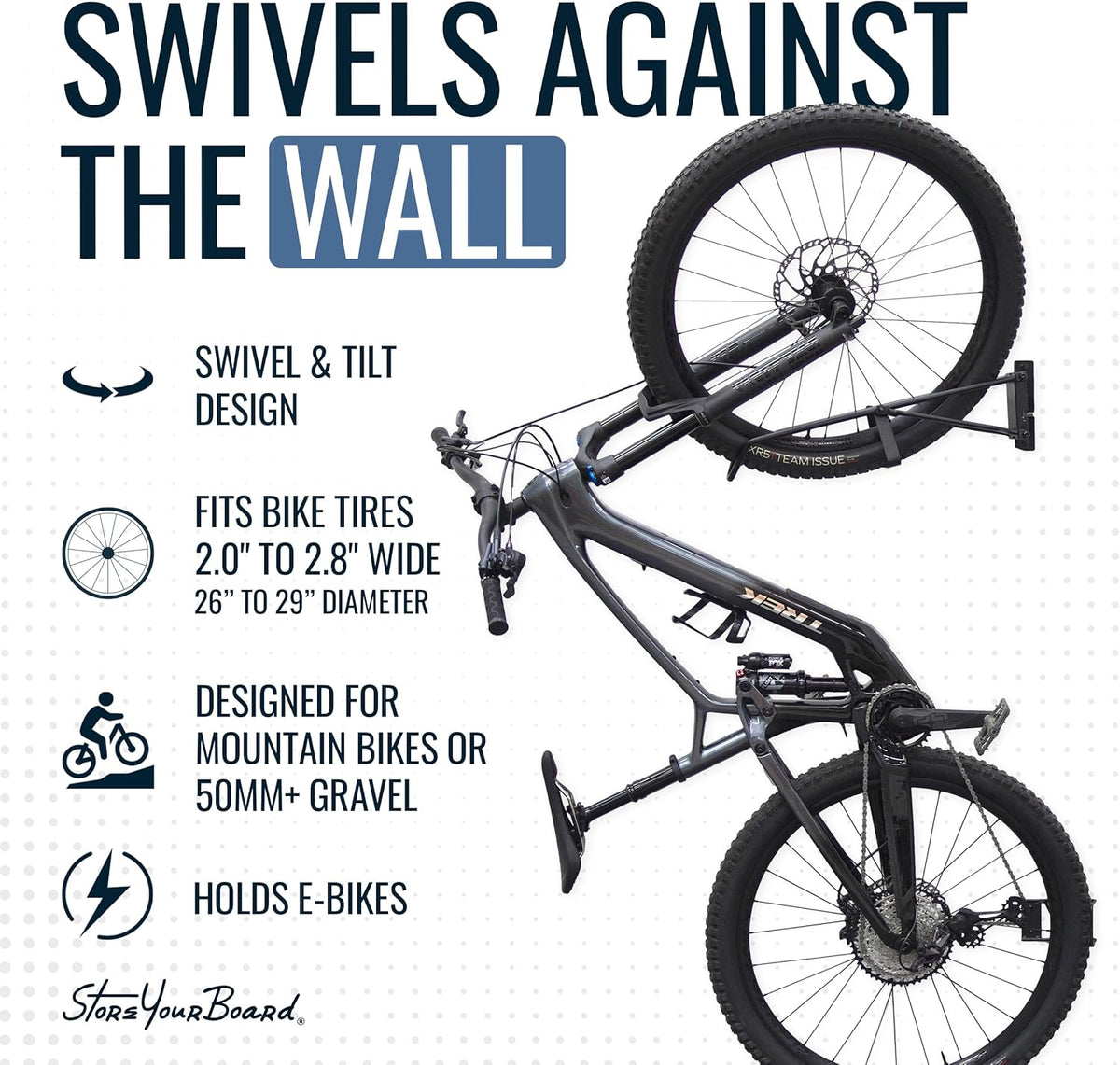 StoreYourBoard SwivelStow Mountain Bike Storage Rack 2 Pack – Heavy Duty Bike Hanger, No-Lift Bike Wall Mount for Garage Bike Storage, MTB and E-Bike, Holds 70 lbs, Patent-Pending