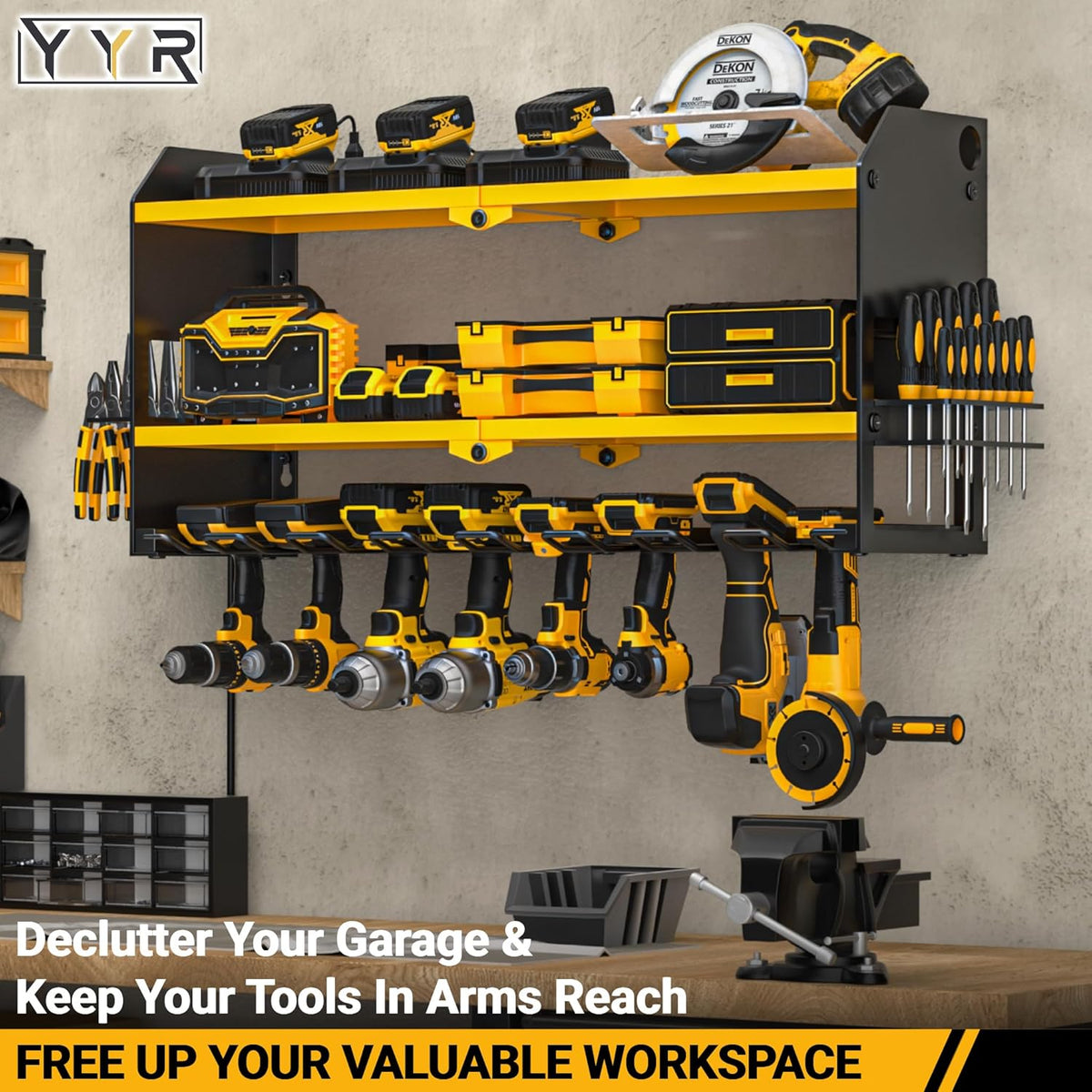 YYR Power Tool Organizer with Charging Station Wall Mount, Cordless Drill and Battery Holder for Garage Organization, Electric Tools Storage Rack Build in Surge Protection Power Strip - Yellow Shelf