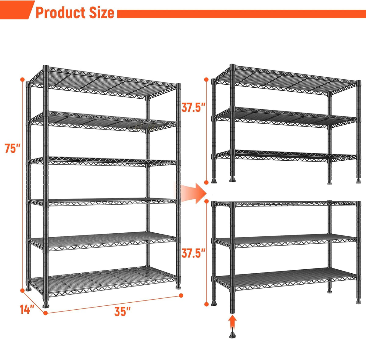 REIBII 75" H Metal Shelving 6 Tier Storage Shelf Adjustable Kitchen Shelf Wire Shelving Unit Detachable Storage Rack for Kitchen Laundry Living Room Commercial Heavy Duty Metal Shelf 75" X35" X14"