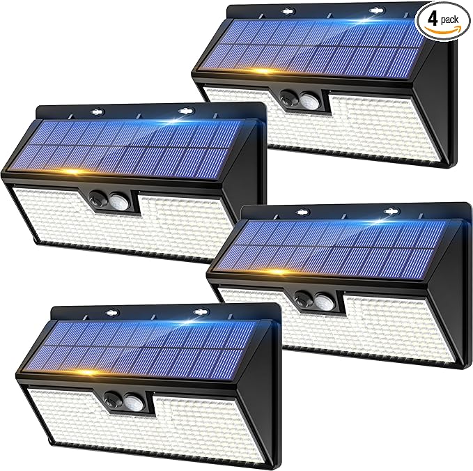 4 Pack Solar Lights Outdoor Motion Sensor, 318 LED Waterproof Fence Light with 3 Lighting Mode, Cool White LED Deck Light for Outside Wall Yard Chichen CoopGarden
