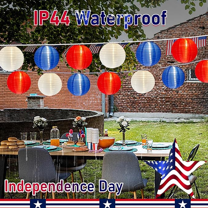 4th of July Decoration Lights, 25Ft Red White and Blue Lantern Lights with 11 LED Bulbs (1 spare bulbs), Hanging Patriotic Decor Lights for July 4th, Independence Day, Yard, Garden, Memorial Decor
