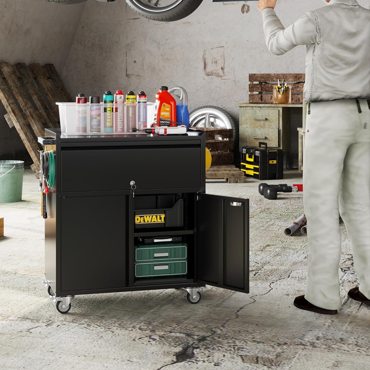 35.43'' H Metal Storage Cabinet on Wheels with 1 Drawer, Rolling Steel Garage Tools Cabinet with Side Pegboard &4 Hooks & 1 Adjustable Shelf for Garage,Shop,Home, Black, Assembly Required