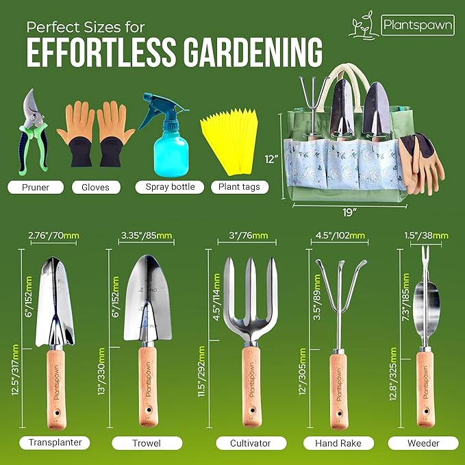 24-Piece Gardening Tools Set with Bag – Heavy-Duty Rust-Proof Hand Tools with Wooden Handles Including 15 Plant Tags – Ideal Gift for Women, Men, Mom, Dad & Gardeners