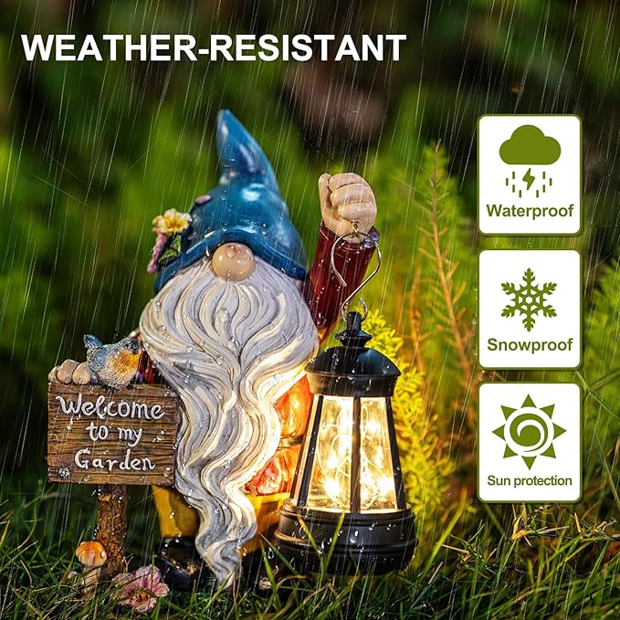C&Y&G&X Solar Garden Gnome Statue – Waterproof Outdoor Decor with Solar Lantern LED Lights and Welcome Sign for Yard, Lawn, Patio – Ideal Gift for Grandma Mom Women