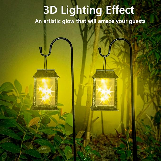 2 Pack Solar Lanterns Outdoor Waterproof, 3D Hanging Solar Lights, Type-C Rechargeable LED Pathway Lights with 2 Modes (Steady & Flashing), for Garden Decor, Patio, Yard, Camping
