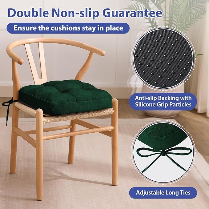 Chair Cushions for Dining Chairs, Dining Chair Cushions, Tufted Indoor Chair Pads with Ties & Non Slip Backing, Seat Cushions for Kitchen Chairs 16.5” x 16.5” x 3.5”, Set of 6, Green
