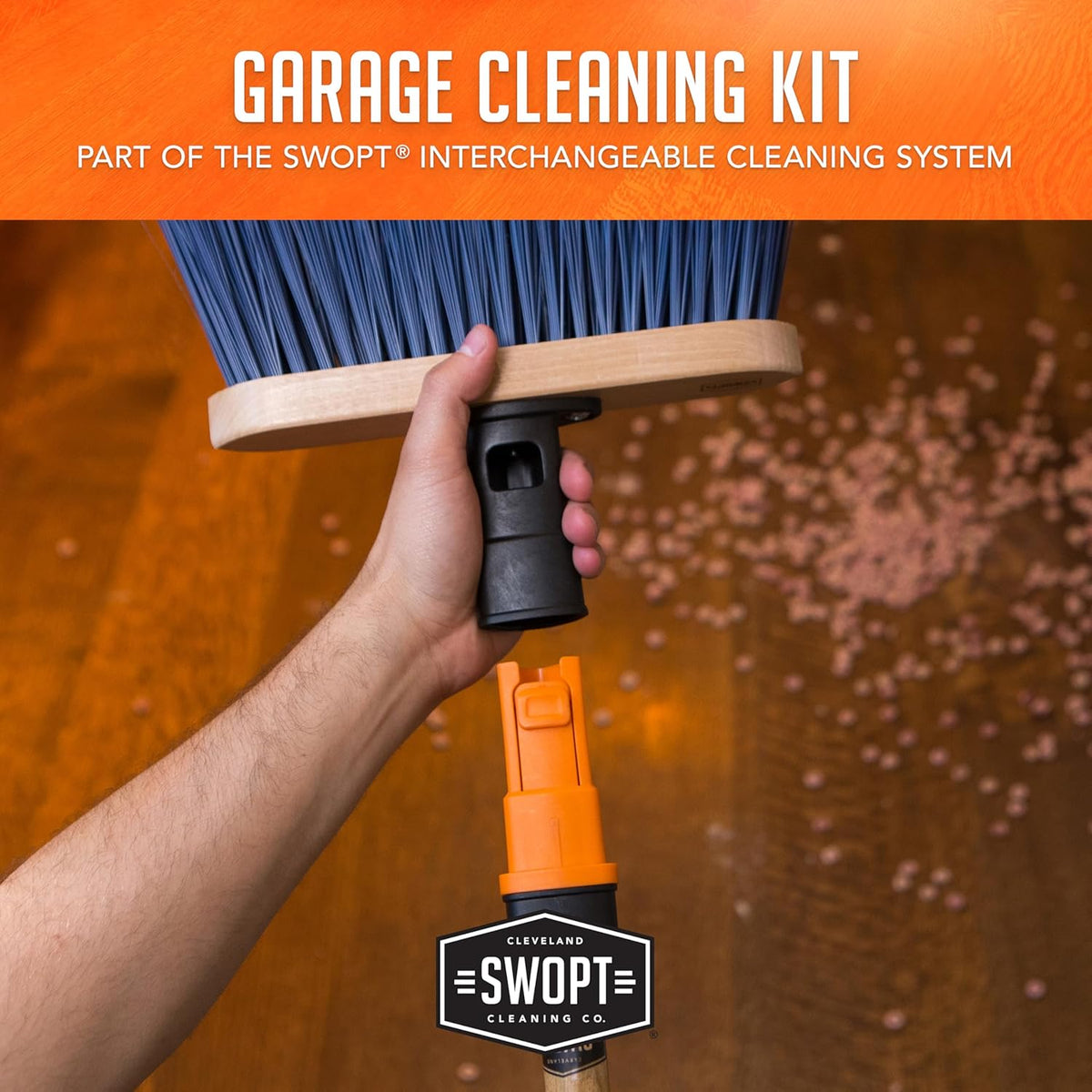 SWOPT Garage Kit — Includes 48” and 60” Wooden Handles, Smooth Surface Push Broom, Multi-Surface Push Broom, Angle Broom, Deck Brush, Floor Squeegee, and Organizer — Covers All Outdoor Cleaning Needs
