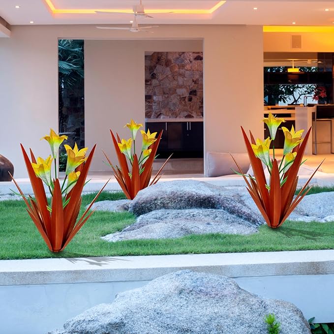 Homight Metal Agave Plant Outdoor Decoration Outdoor Garden Decoration Lily Mexican Yard Art Plant Garden Agave Lily Decorative Garden Gift… (2 Big Yellow Lilies)