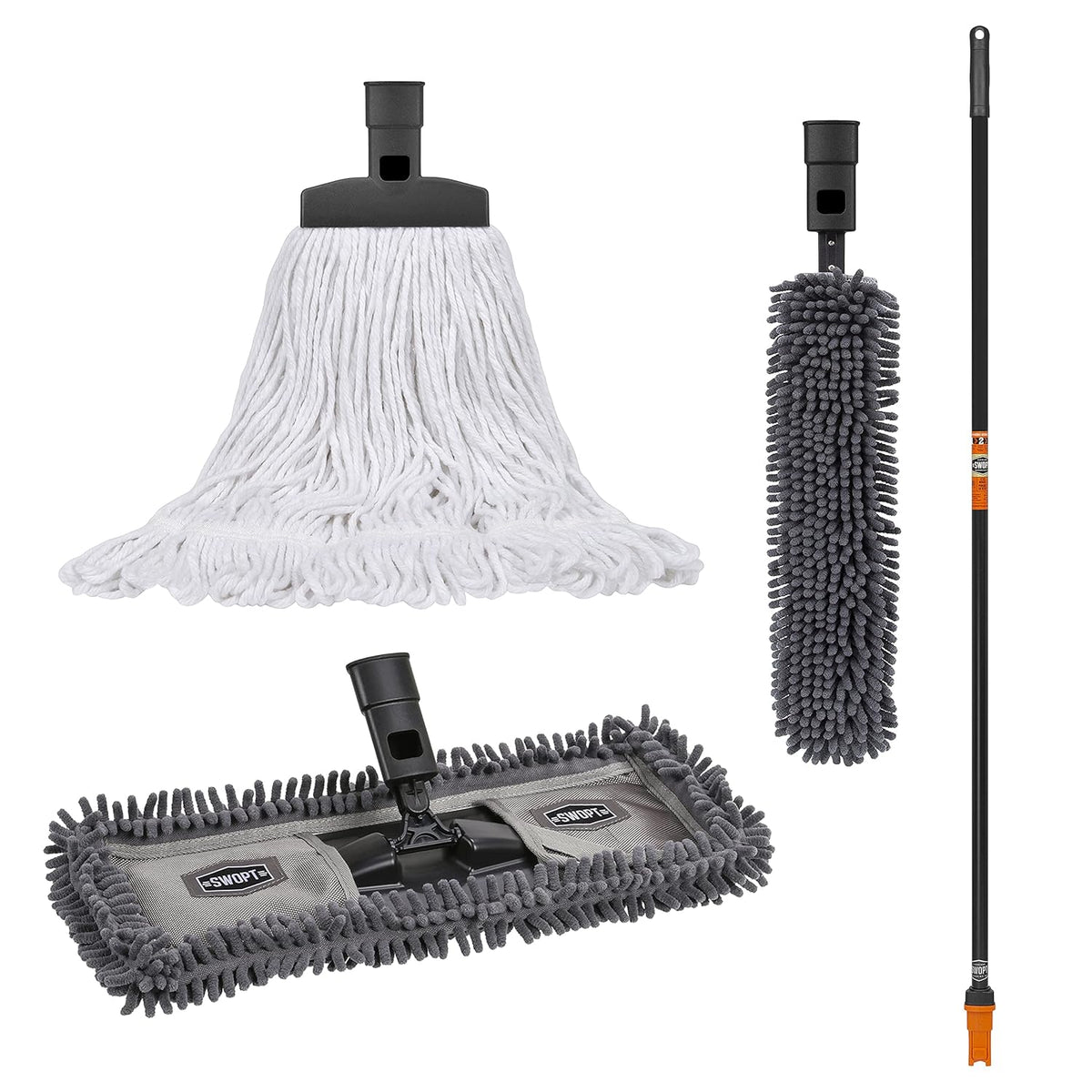SWOPT 18” Microfiber Dust Mop, Microfiber Flexible Duster, Cotton Mop + 60" Steel Handle, Combo — Cleaning Heads With Long Handle Interchangeable With All SWOPT Cleaning Products — Machine Washable