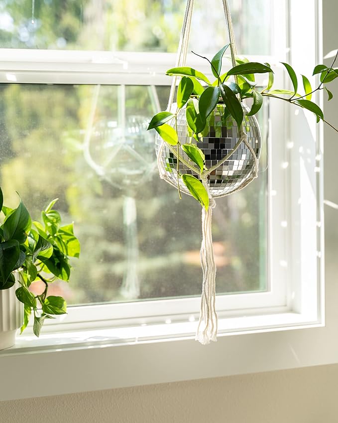 Hanging Disco Ball Planter 8" - with Acrylic Stand and Macrame Plant Hanger - Home Décor, Room Décor, Patio or Boho Décor, Mirror Disco Planter, Disco Decor (8" with Base)