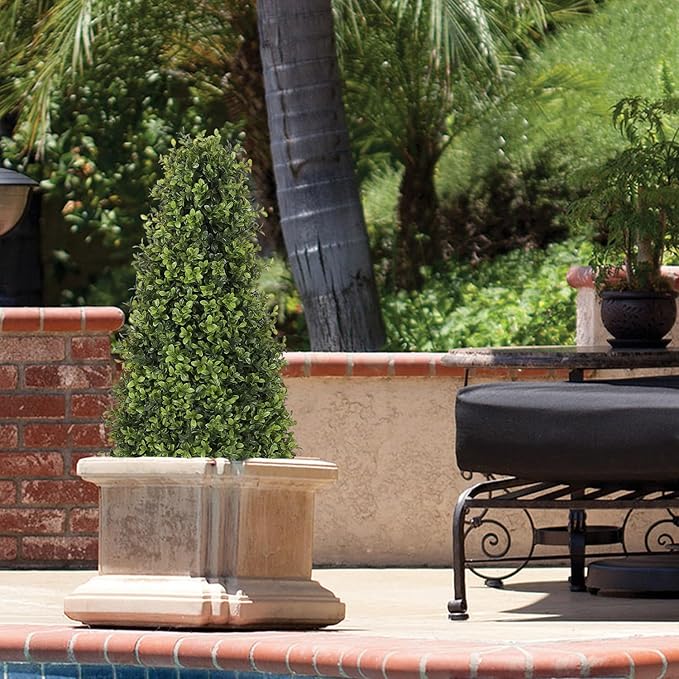 3ft Artificial Boxwood Topiary Trees (Set of 2) - UV Resistant Faux Plants Outdoor, Realistic 36" Fake Cone Bushes and Shrubs for Front Porch, Planter, Patio - Low Maintenance & Evergreen