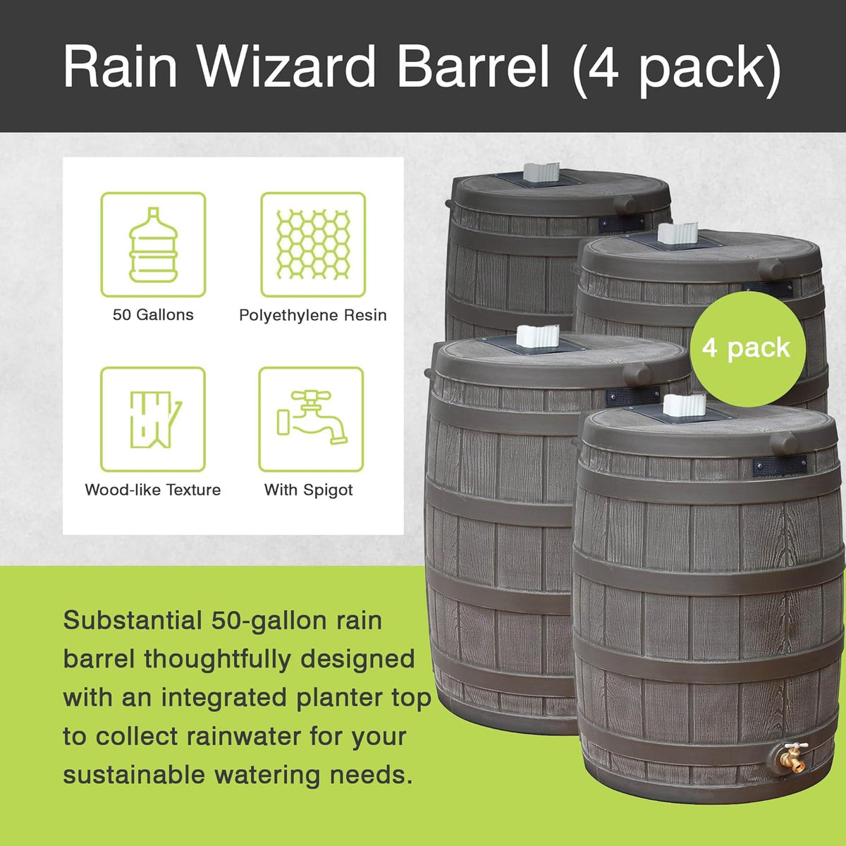 Good Ideas Rain Wizard 50 Gallon Plastic Outdoor Home Rain Barrel Water Storage Collector with Brass Spigot and Flat Back Design, Oak (4 Pack)
