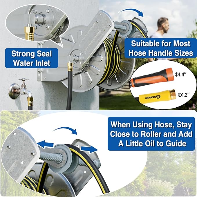GREENER Stainless Steel Hose Reel for Outside,Wall Mount Garden Hose Holder Heavy Duty Metal Reel, 3/4" Solid Connector with 5/8" Inlet Hose and Crank,65-Feet 5/8" Hose Capacity