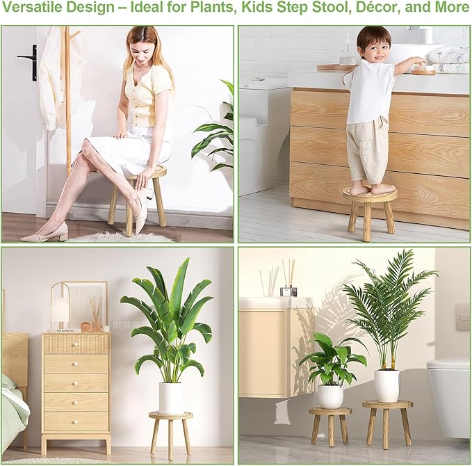 3-Pack Wood Plant Stands Indoor, Single Plant Stand for 6-12 Inch Pots, Mid-Century Modern Plant Stool, Tall Plant Stand for Large Plants for Living Room, Balcony, Office (Light Brown