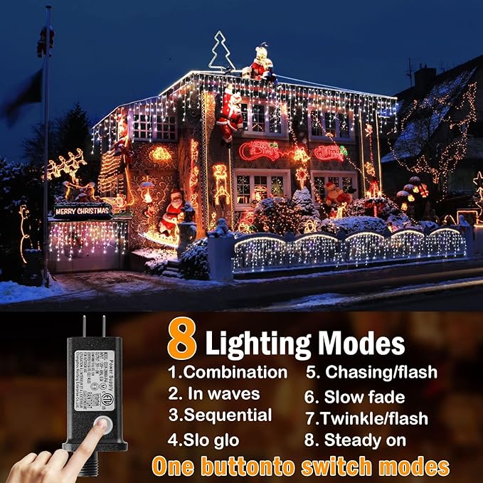 Hezbjiti Christmas Lights Outdoor, 400LED 33FT LED Icicle Lights 8 Modes 75 Drops Fairy String Lights for Christmas Decor Eaves Party Yard Garden