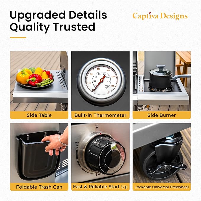Captiva Designs 6-Burner Propane Gas BBQ Grill with Side Burner & Porcelain-Enameled Cast Iron Grate and Plate for Outdoor Barbucue Events, 52,000 BTU Output,740 SQ.IN. Cooking Area，Heavy Duty
