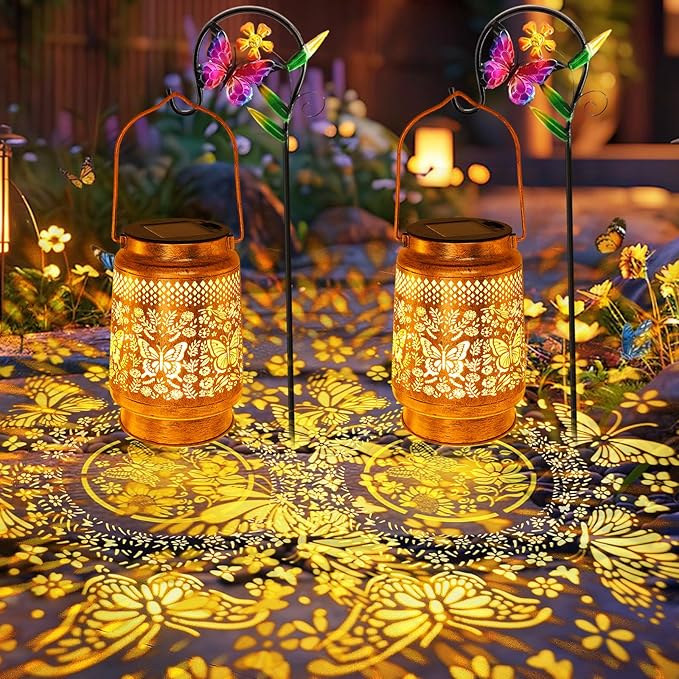 2 Pack Solar Lanterns Outdoor Garden Decor with Shepherd Hook, Gardening Gifts for Mom Grandma Women Butterfly Metal Decor Lantern Waterproof Solar Lights LED Decorative for Garden Yard Patio