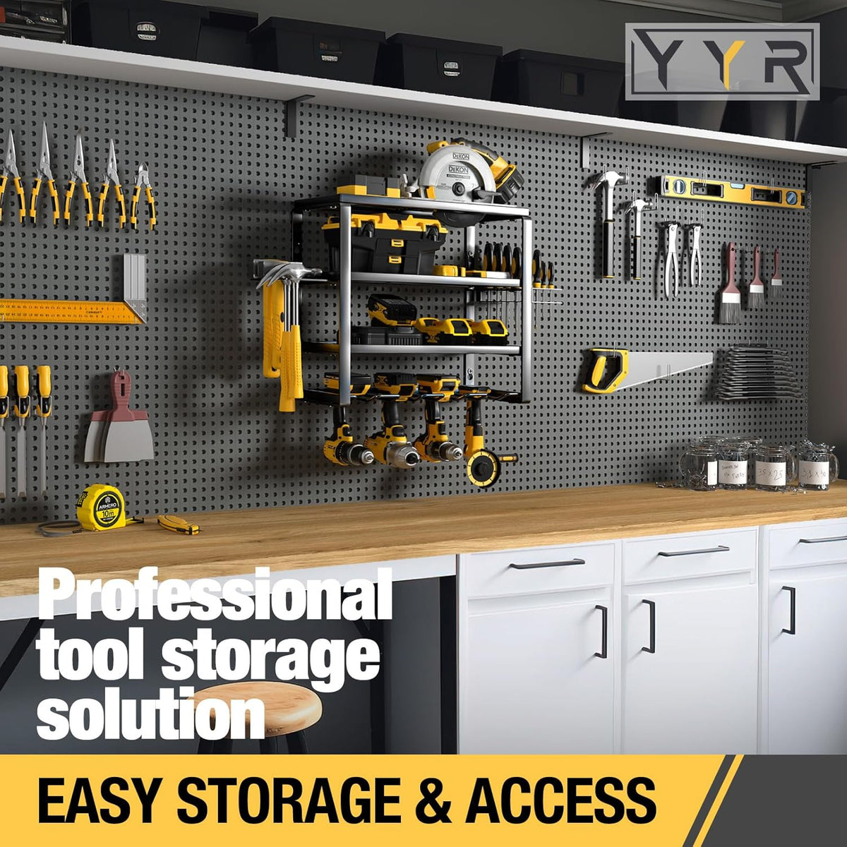 YYR 4 Layer Power Tool Organizer Wall Mount, Cordless Drill Hanger Storage Rack, Battery Tools Holder with Charging Station Shelf for Garage Organization, Workshop, Pegboard, Shed - 16 Inch 4 Slots