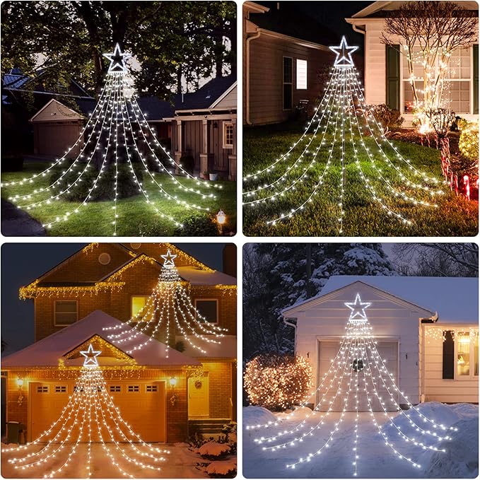 BlcTec Outdoor 317 LED Waterfall Tree Lights, 9 Strands with Timer - 8 Modes, Waterproof Christmas Lights for Garden, Patio, Yard Decor - Cool White