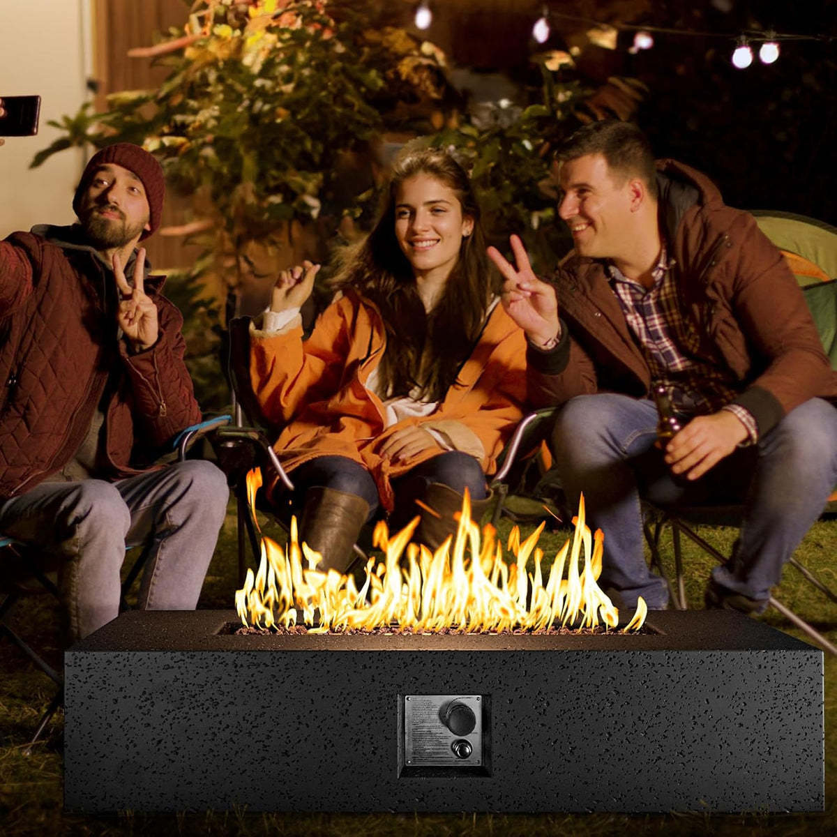 COSIEST 56-inch x 28-inch Outdoor Propane Fire Pit Coffee Table w Concrete Rectangle Base, 50,000 BTU, Free Lava Rocks and RainCover, Fits 20lb Tank Outside, Gray
