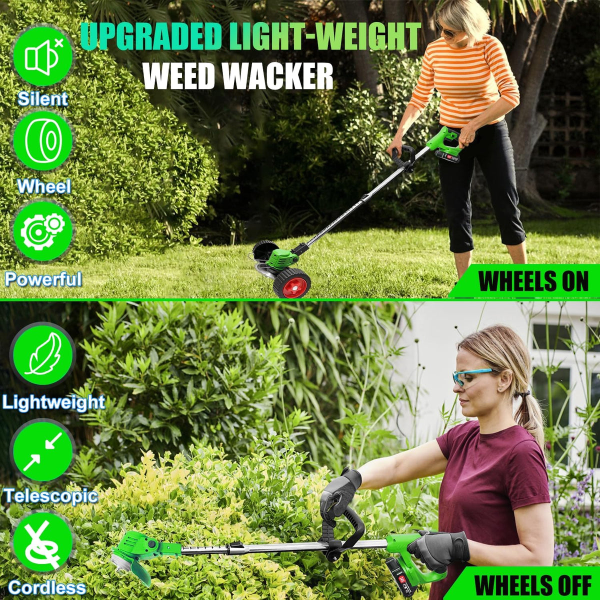 Electric Weed Wacker Cordless Eater Battery Powered, 21V Lightweight Weed Trimmer Edger Lawn Tool with 2Pcs 2000mAh Battery, 3 in 1 Stringless Grass Trimmer/Edger/Brush Cutter for Garden Yard Lawn