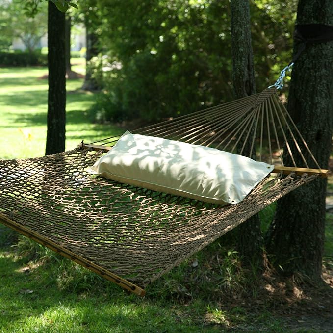 Hatteras Hammocks Deluxe Antique Brown DuraCord Rope Hammock – 13 ft. x 60 in., 2-Person, 450 lb Capacity, Cumaru Spreader Bar, Zinc-Plated Hardware – Handcrafted in The USA