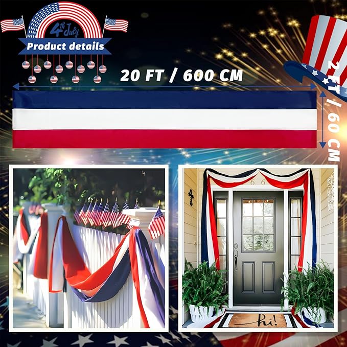 2x20 Ft Red White and Blue Banner Decorations 3 Pack,4th of July Banners for Outside,Bunting Flags for Independence Day,Labor Day,Veterans Day,Memorial Days