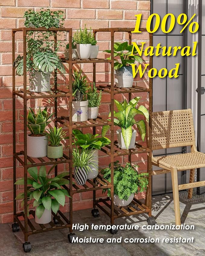 Bamworld Plant Stand With Wheels Indoor Outdoor Wood Plants Shelf for Multiple Plants 11 Pots,Tall Large Flower Holder for Living Room, Patio, Balcony, Garden
