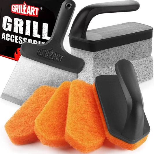 GRILLART Griddle Cleaning Kit for Blackstone, Flat Top Grill Cleaning Kit with Grill Stone, Griddle Scraper, Scouring Pad and Handles, Multifunctional Griddle Accessories for Rusty Grills, Orange