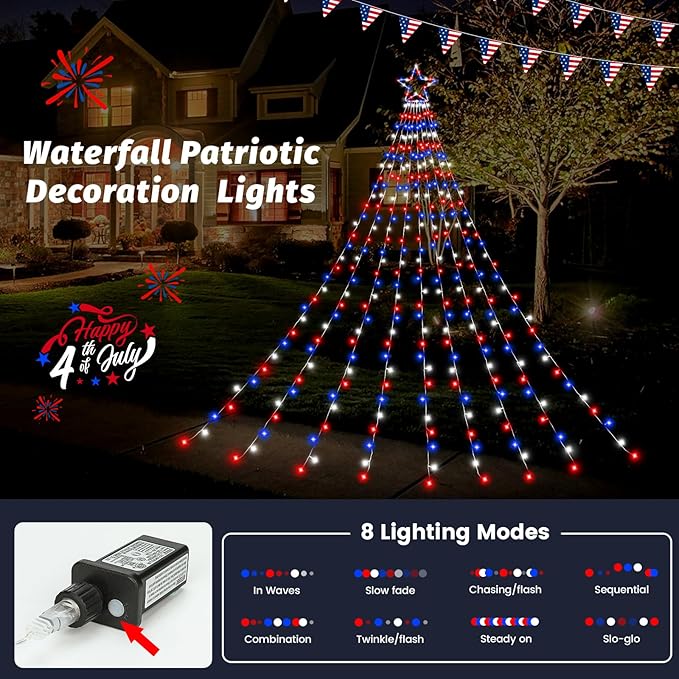 4th of July Decorations Lights, Red White Blue String Lights 320 LED 11.5 Ft Flag Stars Patriotic Light with Big Star Topper Waterproof 8 Light Modes for Indoor Outdoor Memorial Day Independence Day