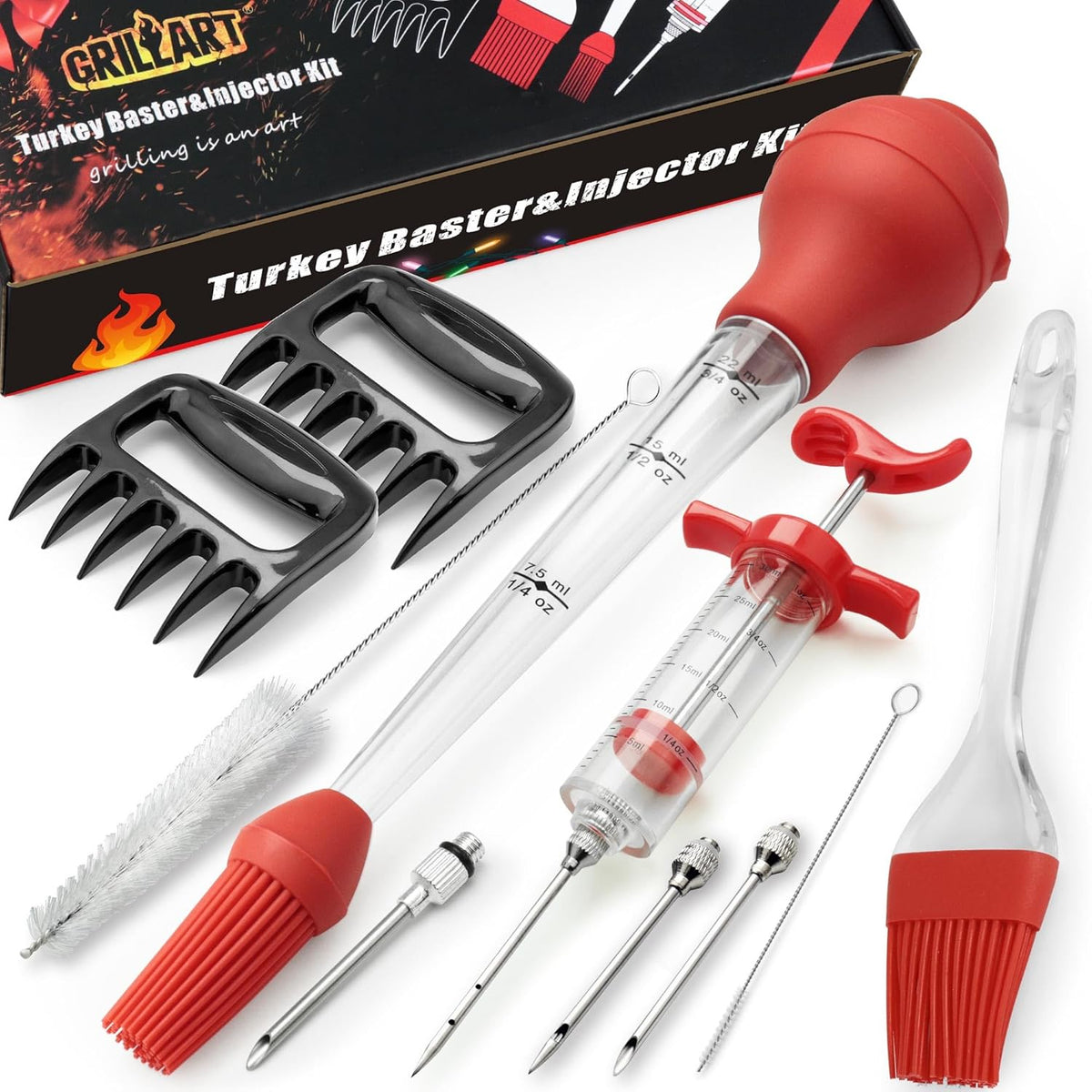 Professional Turkey Baster Meat Injector Syringe Kit, Baster for Cooking Thanksgiving & Christmas Turkey, Injector Marinades for Meats, Full Set with Basting Brush, Meat Shredder Claws, Large Capacity