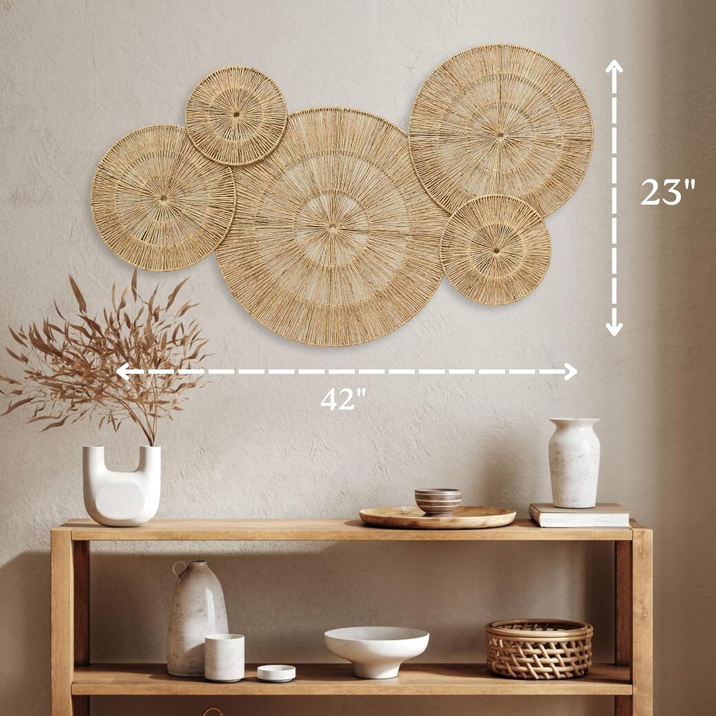 CHI AN HOME 18 Inch Boho Wall Decor – Set of 5 Woven Jute Wall Baskets, Boho Wall Art & Decorative Basket Set, Farmhouse Wall Hanging, Handwoven Wall Plates for Living Room, Bedroom – 18", 14", 11", 8", 7"