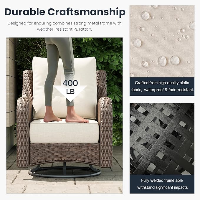 8 Pieces Outdoor Patio Furniture Sets with Rocking Swivel Chairs with 6-inch Thick Cushion and Fire Pit Table for Deck Lawn