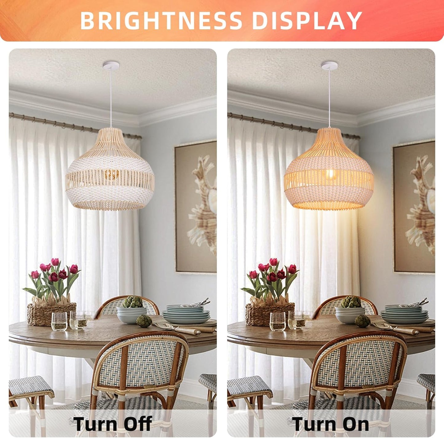 Arturesthome Rattan Chandelier for Kitchen Island,15.72" White Boho Woven Basket Pendant Light,Handmade Wicker Hanging Light for Living Room,Bedroom