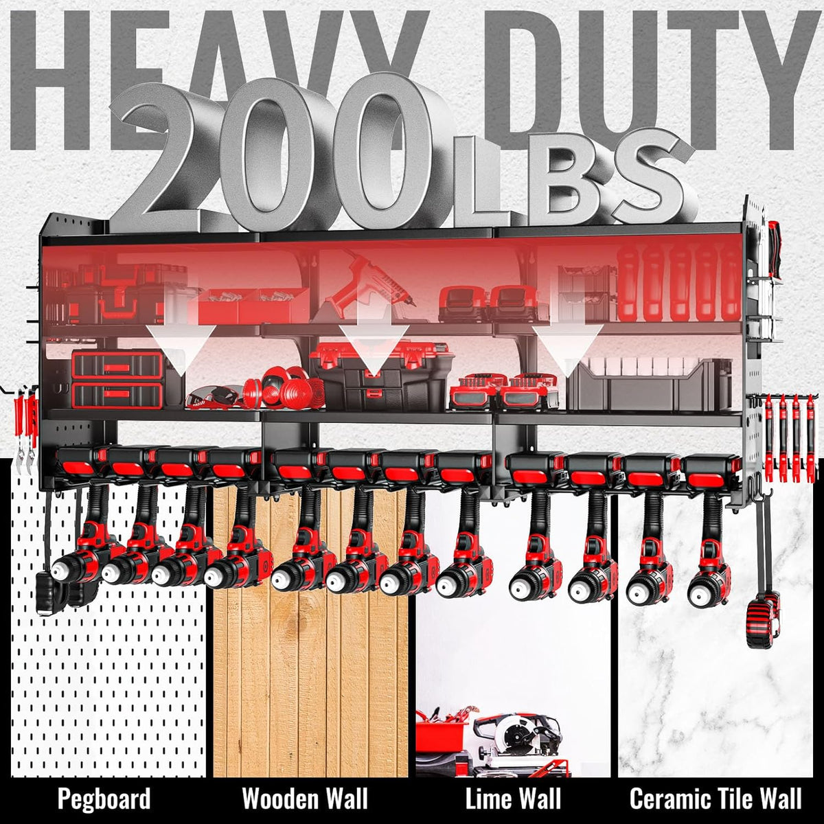 Large Power Tool Organizer Wall Mount-12 Drill Holder, Metal Heavy Duty Garage Tool Storage Shelves with Screwdriver Plier Holder, Gifts Idea for Men Dad Husband