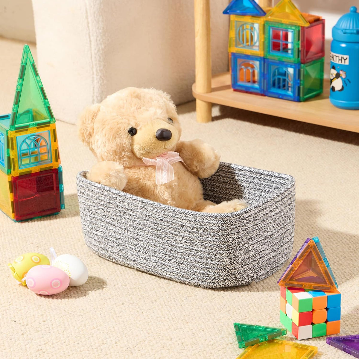 Small Storage Baskets for Organizing | Closet Organizer Bins | Shelf Toy Basket | Woven Rope Baskets | Cube Decorative Box | Shallow Basket | 11.5x7.5x4.7” | 4 Packs Mixed Grey