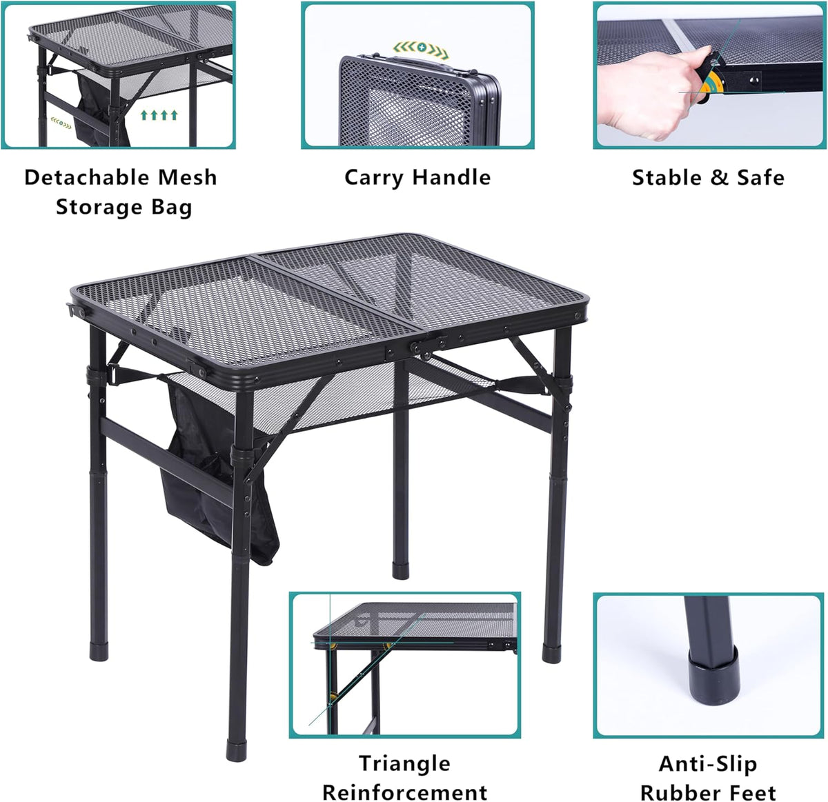 Nice C Table for Grill, Outdoor Table, Camping Table, Outdoor Cooking Table, Picnic Tables, Card Table Adjustable Height, Mesh Bag, Carry Handle (47.3” x 23.7“ x 14.7”/24.2“ Black)