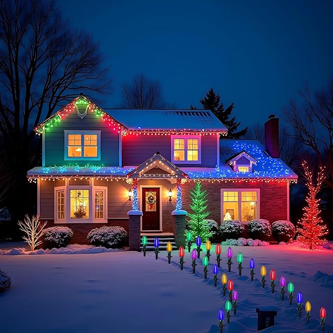 C9 LED Christmas Pathway Lights Outdoor, 38Ft 25 LED Multicolor Marker Stakes, Connectable Walkway UL Listed for Yard Lawn Sidewalk Driveway Christmas Decorations