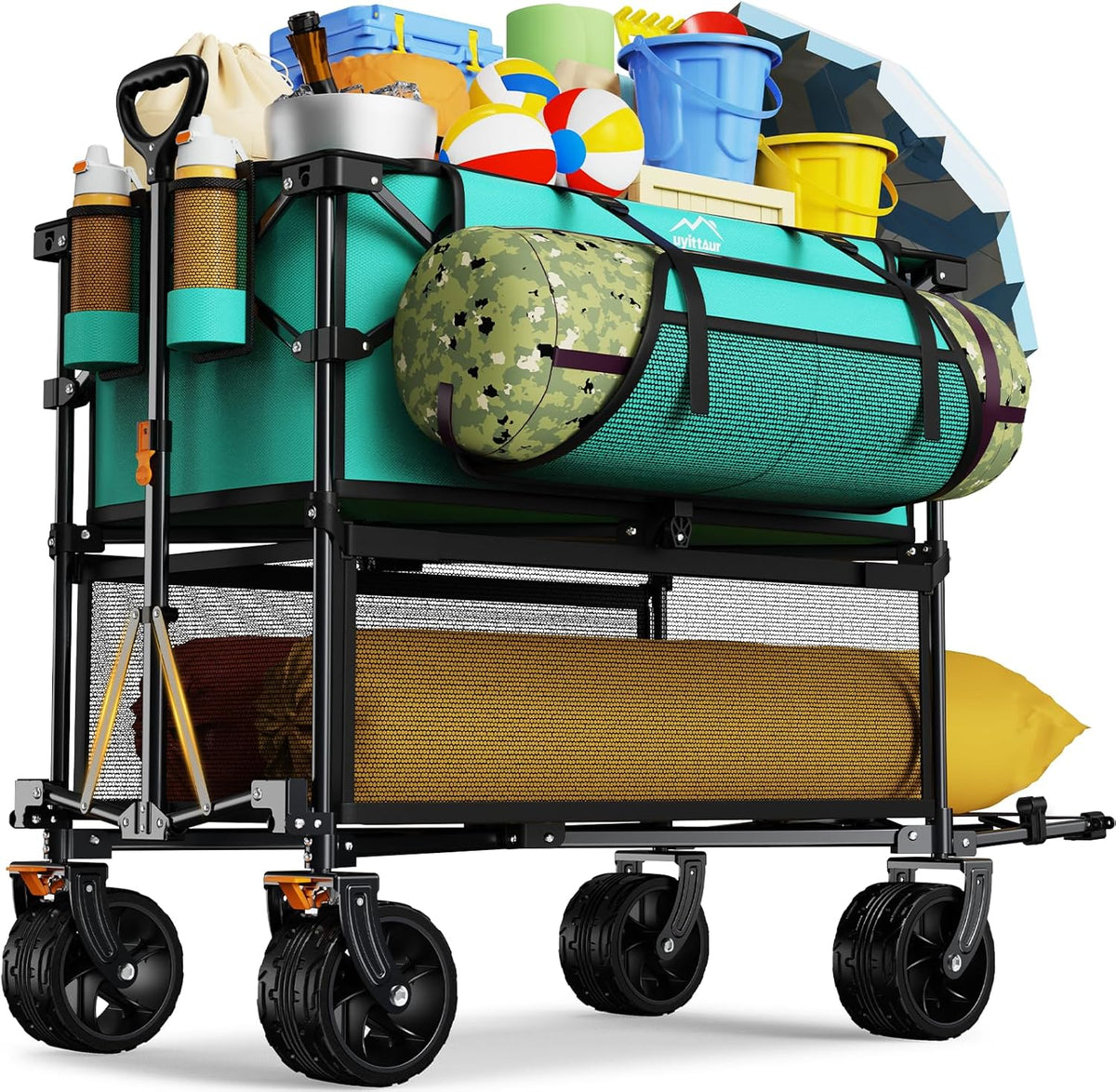 Foldable 50''L Extra Long Double Decker Wagon for Sport, 400L Collapsible Heavy Duty Wagon Cart with Big Wheels, Utility All-Terrain Large Extender Cart for Outdoors, Light Blue