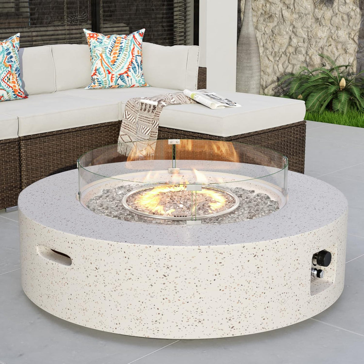 COSIEST Outdoor Propane Fire Pit Coffee Table w Terrazzo White 42 inch Round Base Patio Heater, CSA Certified, 50,000 BTU Stainless Steel Burner, Wind Guard, Transparent Gray Fire Glass, Rain Cover