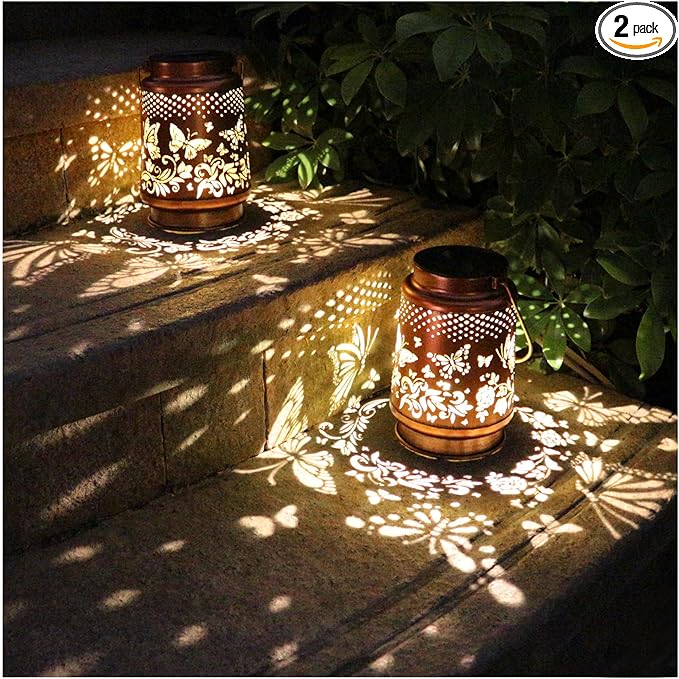 2 Pack Solar Butterfly Lanterns Outdoor Hanging Decor Lantern,Waterproof Hollow Out Retro Metal Decorative Garden Light,Graceful Decoration for Patio,Yard,Landscape,Festival