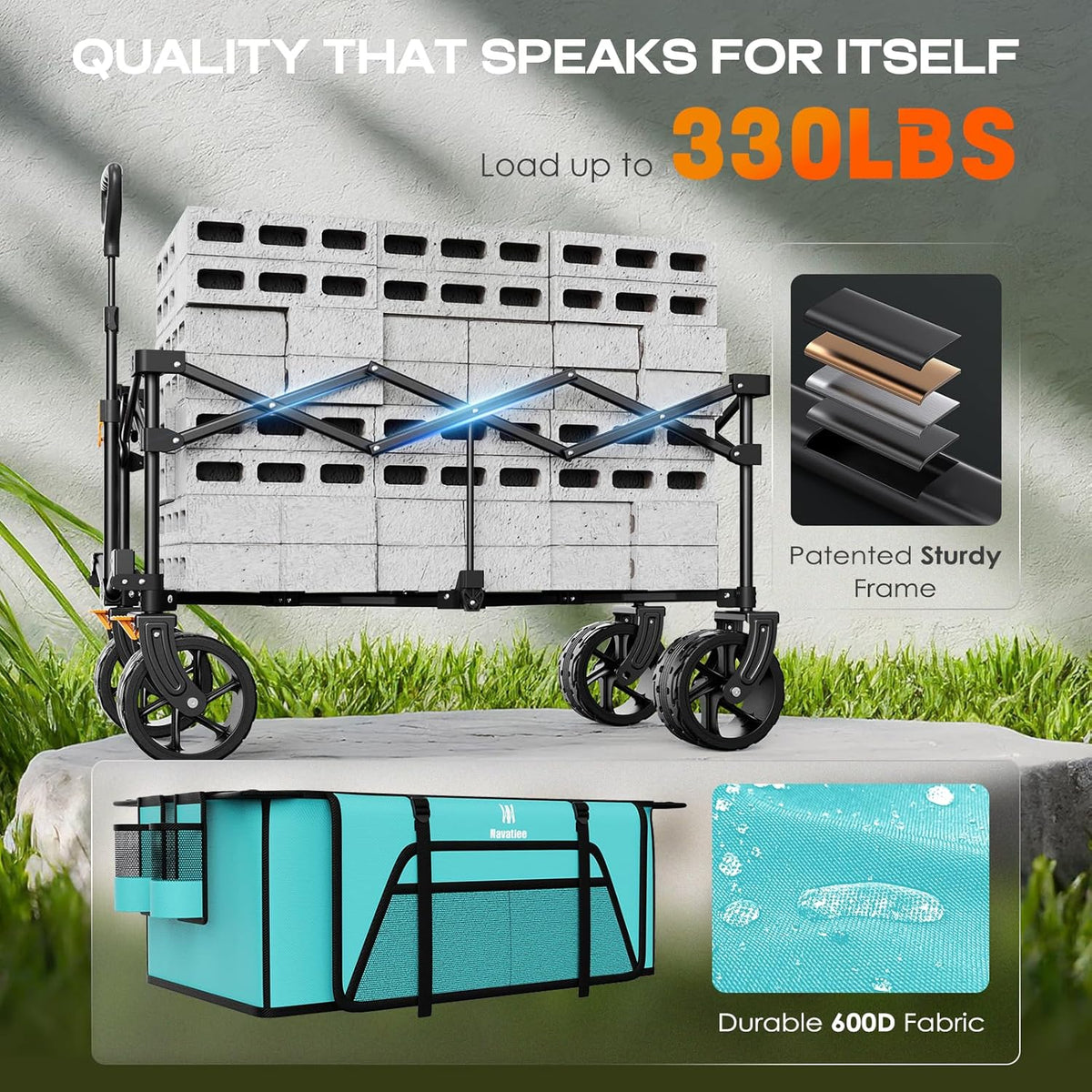 Navatiee Big Wheels Collapsible Wagon Cart Foldable, Heavy Duty Beach Wagon with Silent All-Terrain Wheels, Folding Utility Grocery Cart with Side Pocket and Brakes for Camping Garden Sports, Blue