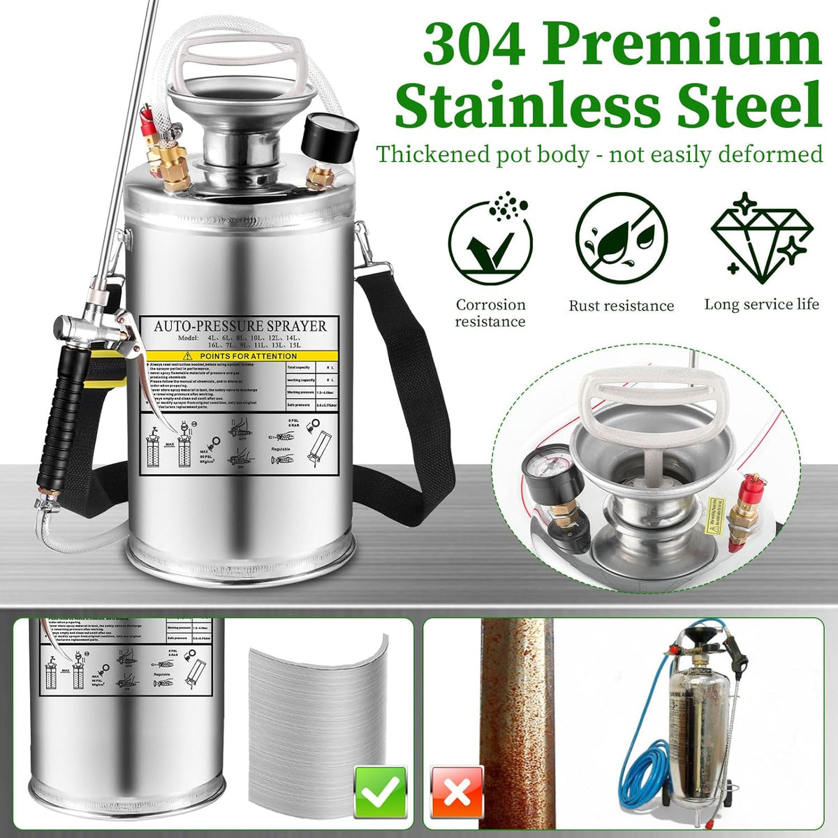 Stainless Steel Sprayer 3 Gallon - Steel Hand-Pump Sprayer, with 3.3-inch Reinforced Hose - Garden Sprayer for Home, Gardening, Ground Cleaning(3Gallon)