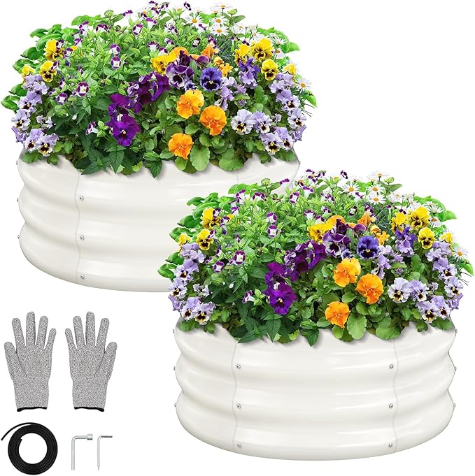 GreatBuddy 2x2x1 ft Round Galvanized Raised Garden Bed, Easy-Assembly Raised Bed with Anti-Cut Gloves & Tools, Rust-Proof Garden Bed for Outdoor, Vegetables, Herbs, Small Trees, White