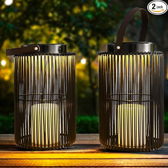 2 Pack Solar Lanterns for Outdoor Waterproof, ZBLUXBZ Outdoor Table Lamp for Outside Hanging Solar Lights, LED Garden Cordless Lights Perfect for Patio and Pathway Lighting (11-inch Height，Black)