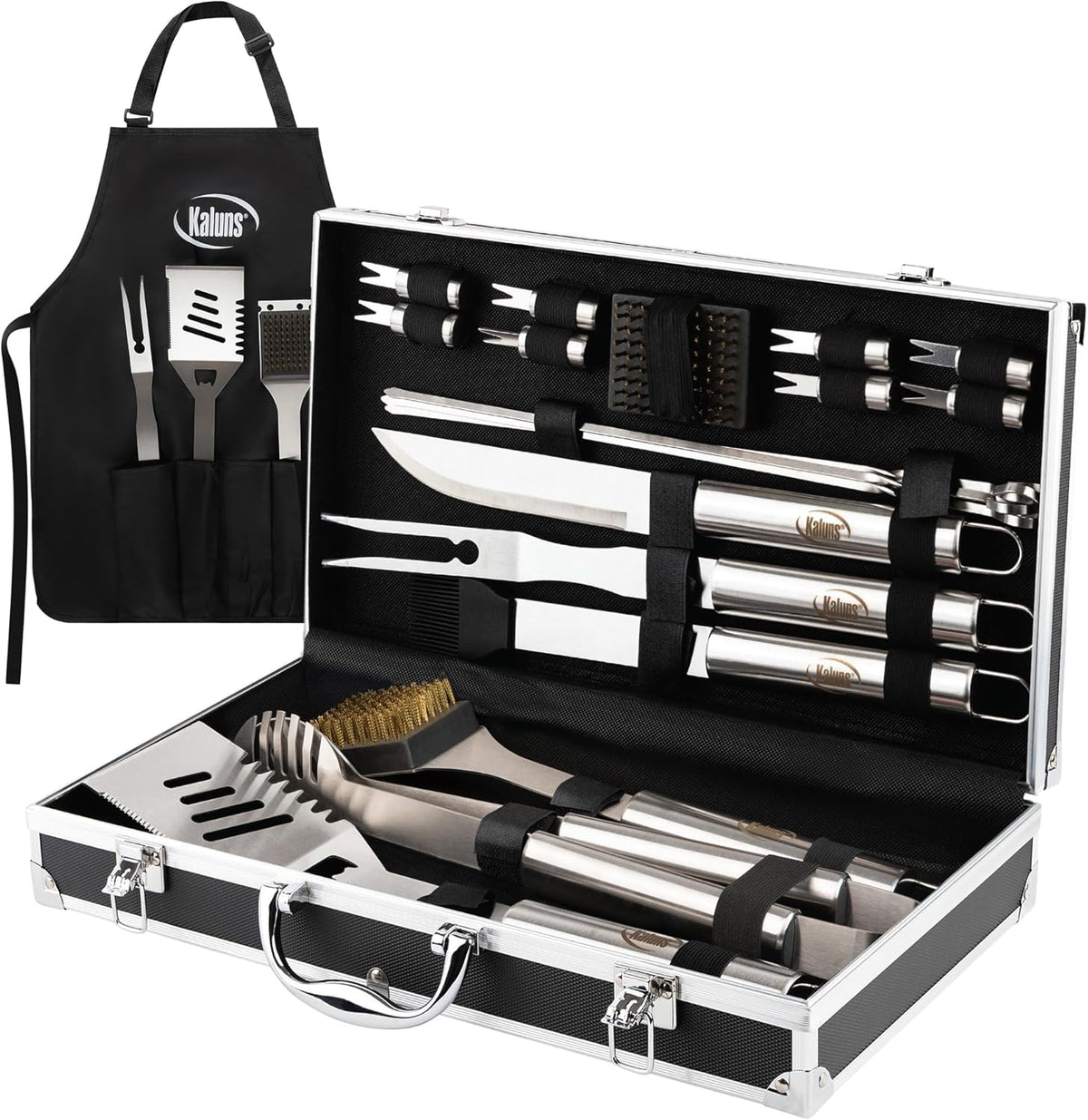 Kaluns Grilling Accessories, Birthday Gifts for Men Grilling Gifts, Heavy Duty Stainless Steel BBQ Grill Tools Set for Outdoor Grill with Aluminum Case and Apron, Husband Dad Gifts for Christmas