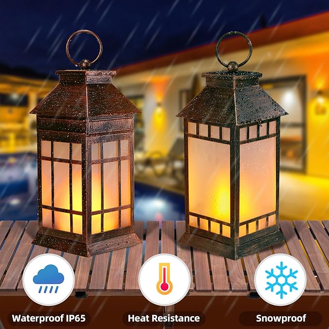 18'' Glass Solar Lantern Outdoor Waterproof, Large Hanging Solar Lanterns with Flickering Flame Lights, Metal Outdoor Lantern Decorative for Patio Garden Backyard Tabletop, Vintage Bronze