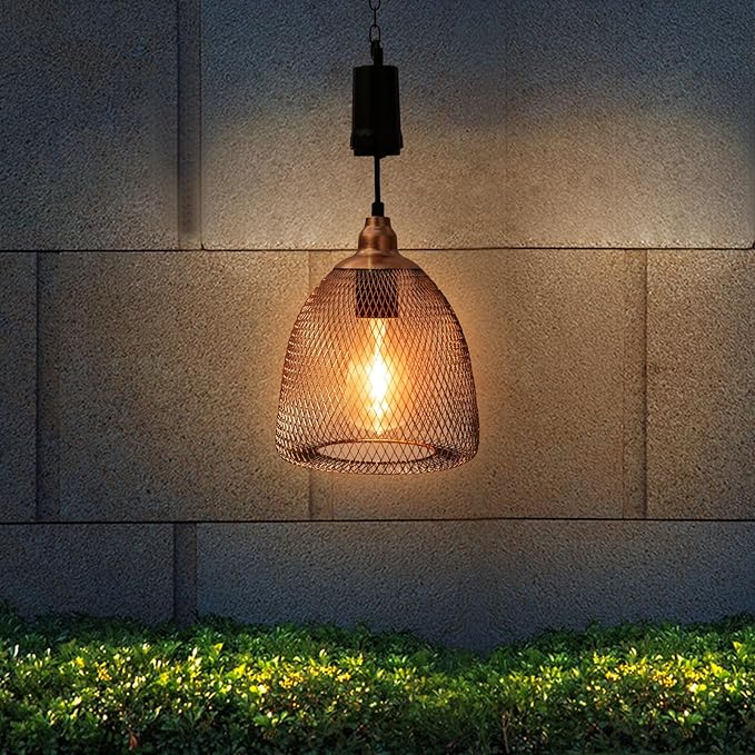 Battery Operated Hanging Light with 6 Hours Timer-Outdoor Indoor Pendant Chandelier Waterproof Lamp Lantern for Gazebo Porch Garden Patio Decorative Metal Warm White Bulb（Brown）
